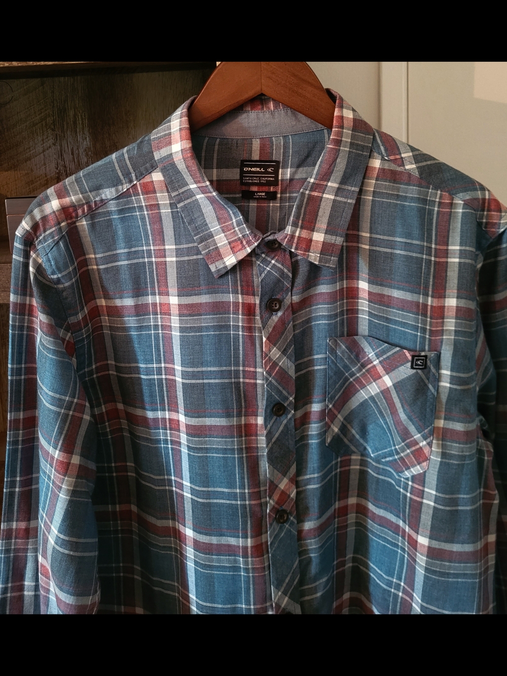 O'Neill Men's Blue and Red Plaid Button-Down Shirt